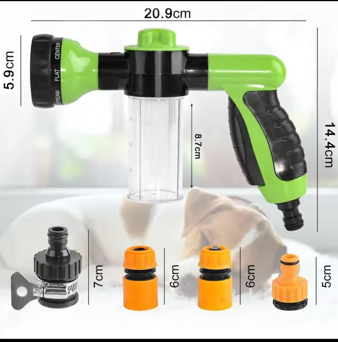 8-in-1 Pet Bathing Shower Sprayer – High-Pressure Foam Nozzle with Hose for Dogs, Cats, Car, and Garden Cleaning.