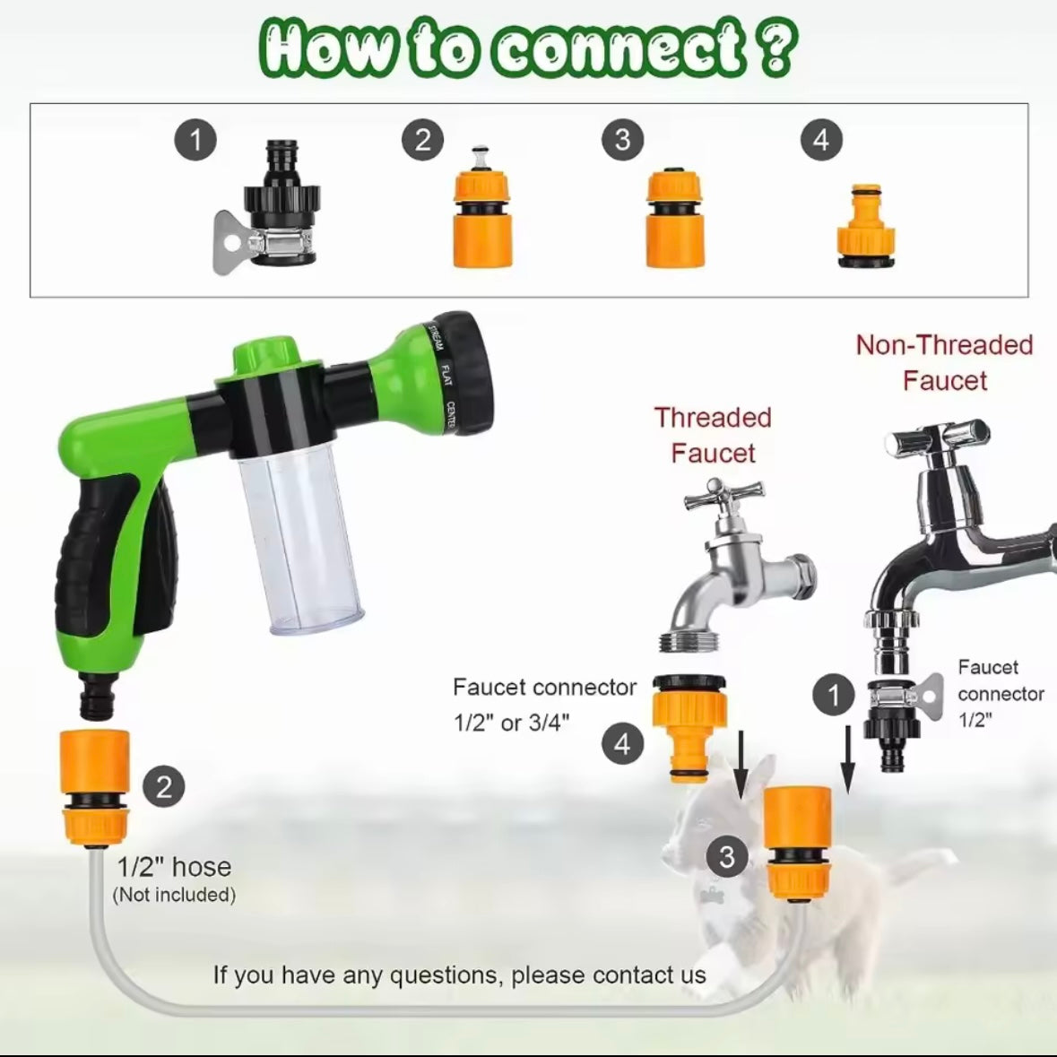 8-in-1 Pet Bathing Shower Sprayer – High-Pressure Foam Nozzle with Hose for Dogs, Cats, Car, and Garden Cleaning.